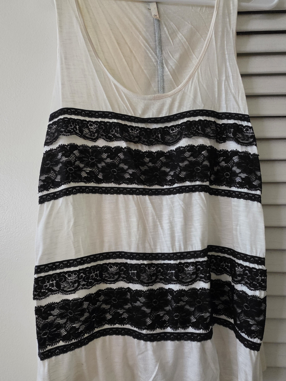Sleeveless Lace-Striped Tank Top - White with Black Lace